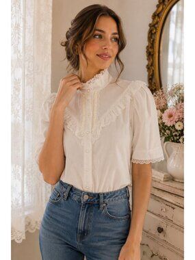 Edwardian Revival Vintage Lace Blouse Ivory Pearl Button Prairie Romantic M